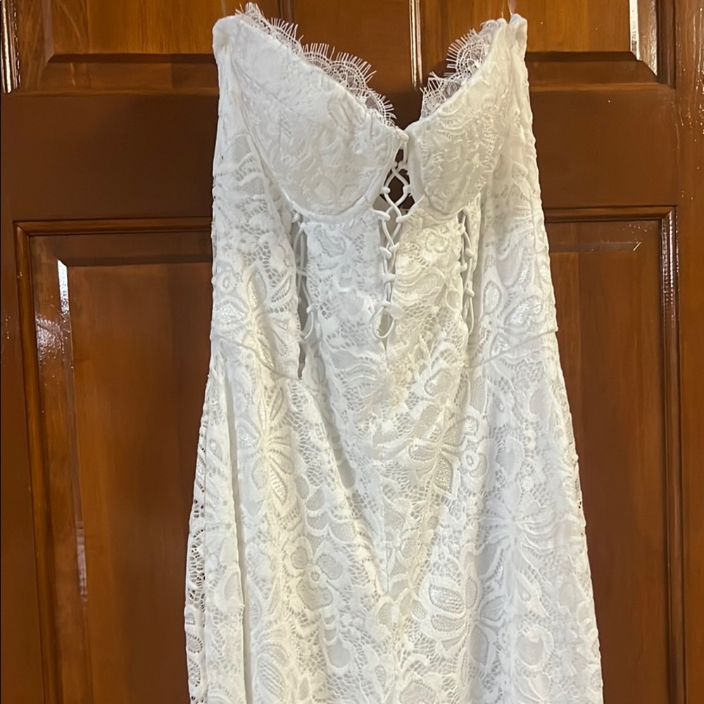 Fashion Nova Strapless Fall Back in Love Lace Jumpsuit